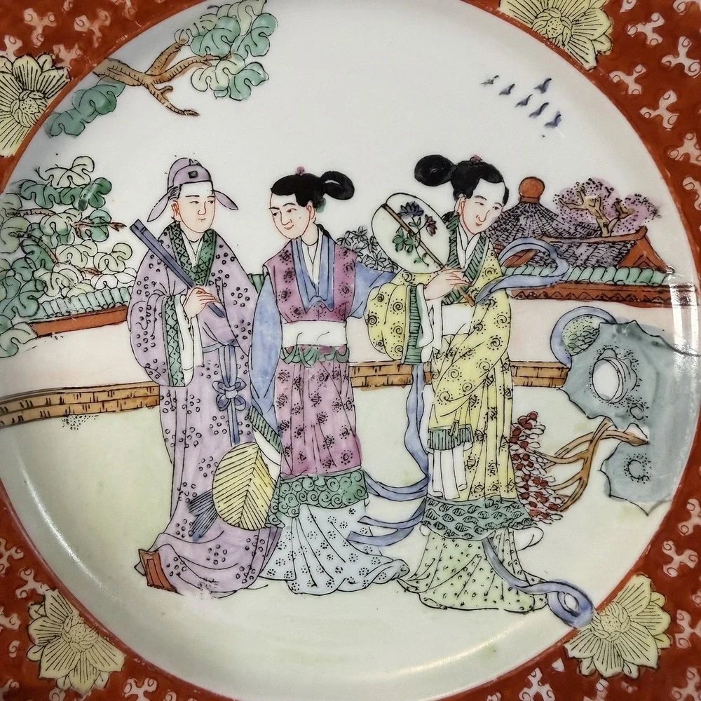 Chinese Famille Rose Porcelain Plate Hand Painted Garden Court Figures 10